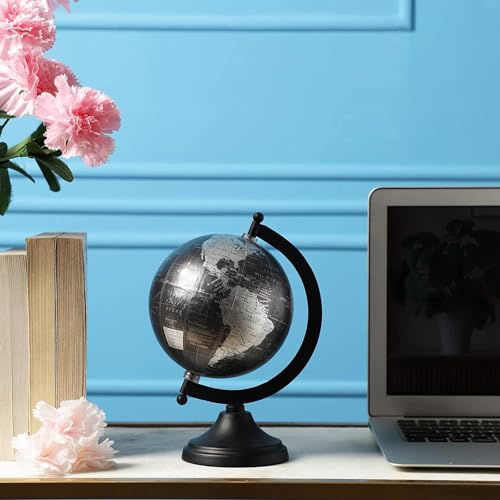 5" World Globe With Sturdy Metal Stand (NOT PLASTIC!) - Desktop Globes For Home Desk Table Office Decor - Book Shelf Decor Globe - 5 Inch - Metallic Black