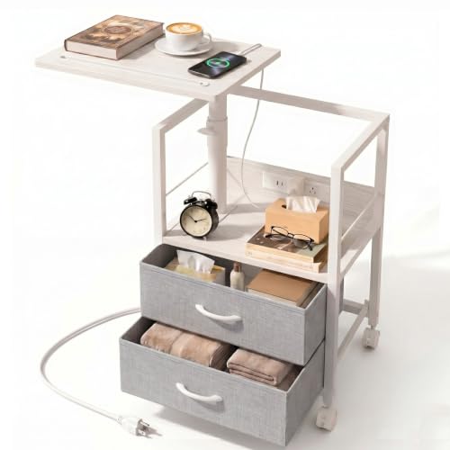 Faesun Swivel Lift Top Nightstand with Charging Station, Rolling Side Table for Recliner, Bedside Table with Wheels & 2 Fabric Drawers, for Small Spaces, for Bedroom, Living Room, White Gray - color: 08 - White Gray, size: 2 Drawers