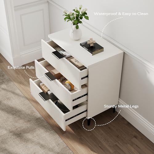 25.6" W Fluted Nightstand with 3 Drawer, Modern Wood Night Stands | Bedside Table for Bedroom King/Queen Bed, End Table with Robot-friendly Legs for Living Room,Entry - color: 3 Drawers-1pcs-white