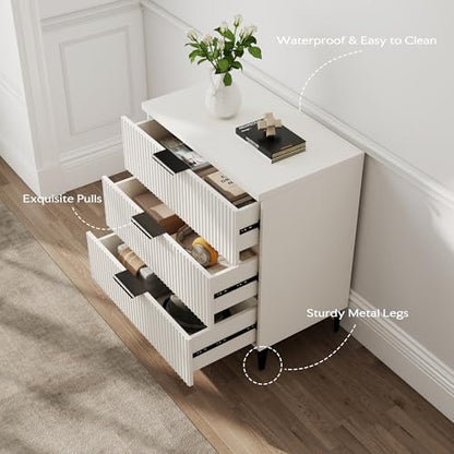25.6" W Fluted Nightstand with 3 Drawer, Modern Wood Night Stands | Bedside Table for Bedroom King/Queen Bed, End Table with Robot-friendly Legs for Living Room,Entry - color: 3 Drawers-1pcs-white