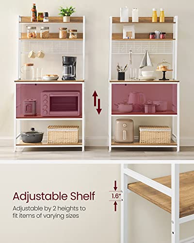 VASAGLE Bakers Rack with Power Outlet, Microwave Stand, Kitchen Tall Utility Storage Shelf, with Metal Wire Panel, 14 Hooks, 15.7 x 31.5 x 66.9 Inches, Rustic Walnut and Cloud White UKKS025W41 - color: Rustic Walnut + Cloud White, size: 31.5"W