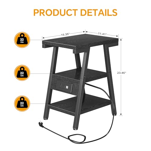 Side Table with Charging Station,3-Tier Small End Table,Lucky 7 Metal Shape | 2 AC Outlets + 2 USB Ports, Adjustable Feet, Nightstand for Bedroom, Living Room, Couch, Narrow Spaces, Black - color: Black