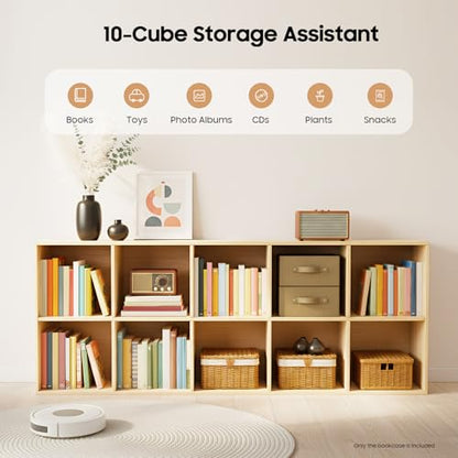 10-Cube Solid Wood Bookshelf, 2-Tier Storage Organizer Semi-Open Floor Display Shelf Closet Cabinet for Home Office Library School, 12" D x 59" W x 24" H - size: 10-Cube