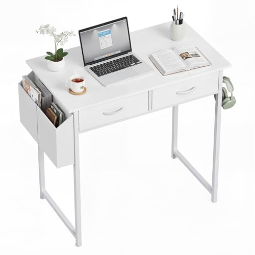 OLIXIS 32 Inch Small Desk with Fabric Drawers for Home Office, Gaming Computer Desk with Side Bag & Headphone Hook, Writing Study Work Table for Bedroom Small Space, White - color: White, size: 32 in