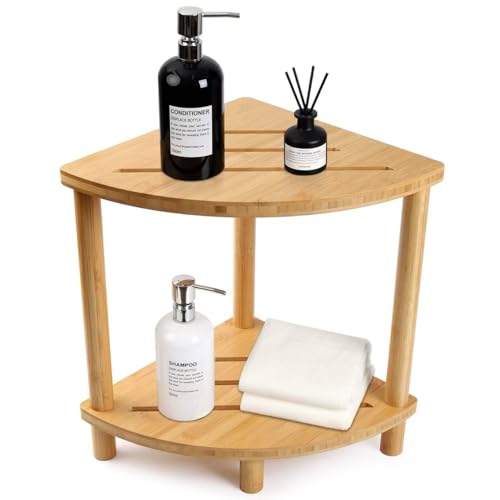 Upgraded Bamboo Corner Shower Stool for Inside Shower Waterproof,2-Tier Shower Foot Rest with Storage Shelf,Corner Shower Shelf Bench Caddy Shaving Leg,Bath Seat,Gifts for Women Mom - style: GU-QZST05