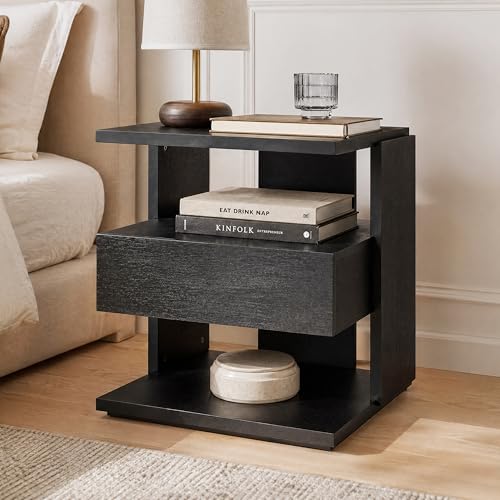 Christopher Knight Home 22" Mid-Century Modern Nightstand with Storage Drawer & 3-Tier Open Shelves, Wooden Bedside Table Small Side End Table Night Stand for Bedroom Living Room Small Space, Black - color: Black, size: 1pc