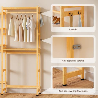 Cozivolife Over The Washer and Dryer Storage Shelf Bamboo,5 Tiers Laundry Room Drying Rack with Adjustable Shelves and 4 Hooks,Space Saver Organizer for Hanging Clothes and Towels (Natural) - color: Natural