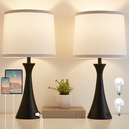 Touch Lamp for Living Room Bedroom, 21" Table Lamps Set of 2 with USB C+A Ports and White Lamp Shades, Touch Bedside Lamps for Nightstand with 3 Way Dimmable, 2 LED Bulbs Included - color: Black & White Shade