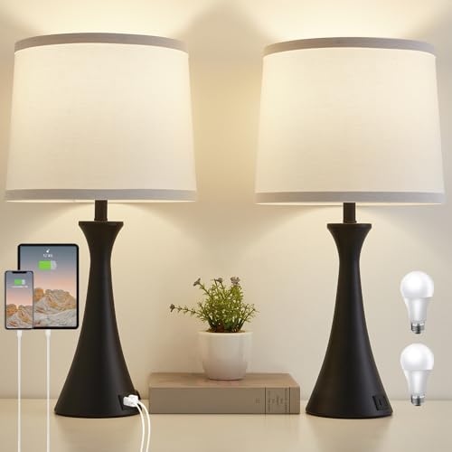 Touch Lamp for Living Room Bedroom, 21" Table Lamps Set of 2 with USB C+A Ports and White Lamp Shades, Touch Bedside Lamps for Nightstand with 3 Way Dimmable, 2 LED Bulbs Included - color: Black & White Shade