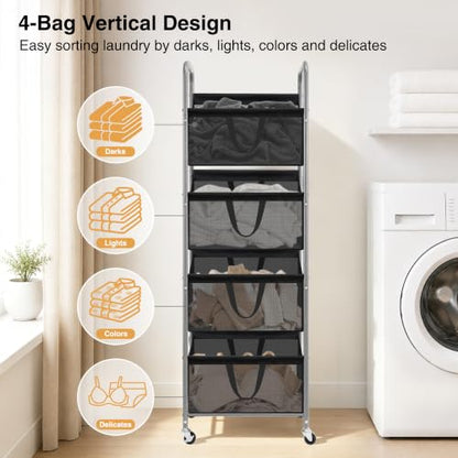 STO STO 4-Tier Vertical Rolling Laundry Hamper, Removable Bags, Black Mesh | 160L Capacity, Space-Saving Vertical Design, Rust-Resistant Steel Frame, Lockable Wheels, Ideal for Apartments & Small Spaces - color: Black Mesh, size: 4-Tier