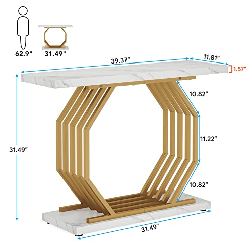 Tribesigns Gold Console Table, Faux Marble Entryway Table Narrow Sofa with Geometric Metal Base, 40 Inch Modern Accent Entrance for Living Room, Hallway, Foyer, White and Gold - color: White