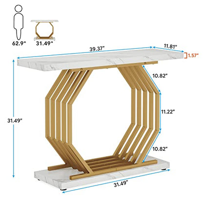 Tribesigns Gold Console Table, Faux Marble Entryway Table Narrow Sofa with Geometric Metal Base, 40 Inch Modern Accent Entrance for Living Room, Hallway, Foyer, White and Gold - color: White