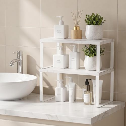 CADUKE Counter Shelf Set of 4 Kitchen Cabinet Shelf Organizer Stackable Expandable Countertop Shelf Organizer Spice Rack for Bathroom Pantry Racks,Metal and Engineered Wood, Marble White - color: Marble White