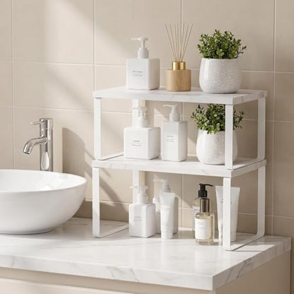 CADUKE Counter Shelf Set of 4 Kitchen Cabinet Shelf Organizer Stackable Expandable Countertop Shelf Organizer Spice Rack for Bathroom Pantry Racks,Metal and Engineered Wood, Marble White - color: Marble White