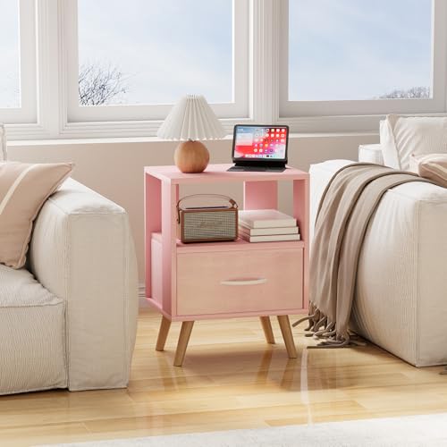 Huhote Kids Nightstand, 2-Tier Night Stand with Drawer, Modern Side Table for Bedroom, Study Room Small Spaces, Pink - color: Pink, size: 2-Tier with Drawer