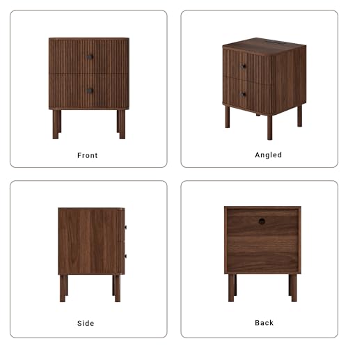 Fluted Nightstand Set of 2 with Charging & Rounded Drawer Fronts | 18in Wide, Bedroom, Natural Oak, FSC-Certified MDF, Solid Wood Legs, 2 Drawer, Metal Knobs, Bedside Table, End Table, Modern - color: Walnut - Rounded Drawer, size: 18"W