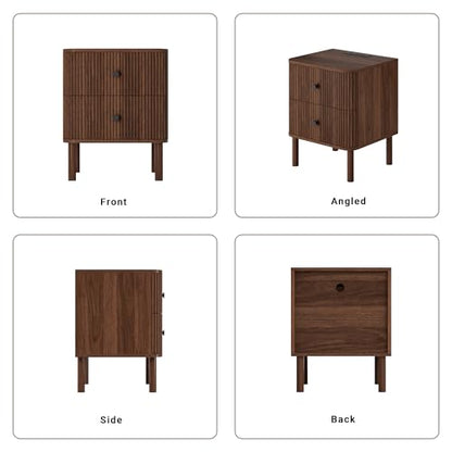 Fluted Nightstand Set of 2 with Charging & Rounded Drawer Fronts | 18in Wide, Bedroom, Natural Oak, FSC-Certified MDF, Solid Wood Legs, 2 Drawer, Metal Knobs, Bedside Table, End Table, Modern - color: Walnut - Rounded Drawer, size: 18"W