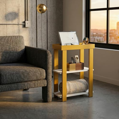 Modern 3-Tier Gold Side Table, Narrow End Table with White Tray Top Shelves, Slim Nightstand Bedside Table for Small Spaces, Living Room, Bedroom, Bathroom Storage Organizer Stand (White+Gold) - color: White + Gold