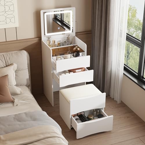 FUFU&GAGA Vanity Desk with Flip Top Mirror and Lights, Small Makeup Vanity Set with Glass Shelf, Space Saving Dressing Table with 3 Drawers & Cushion Stool for Bedroom, White 18.7”W x 15.7”D x 47.2”H
