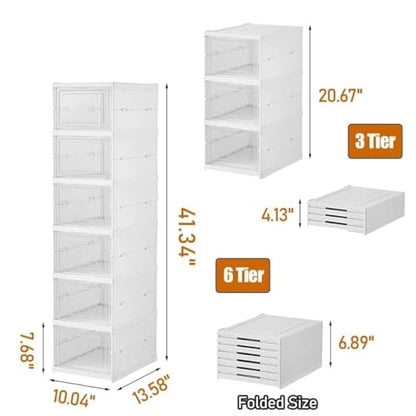 GUDEMAY Drop Front Shoe Storage Box, No Assembly Stackable Shoe Organizer Storage Bin with Clear Door, Free Standing Shoe Shelf Cabinet with Lid, Plastic Shoe Rack for Closet Entryway, 6-Tier