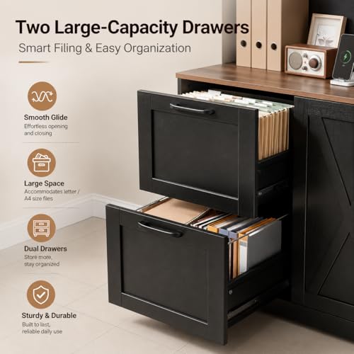 NORTHSKY 72'' Tall Bookshelf with Power Outlet, 2 Drawer File Cabinet for A4 Hanging Files, 3-Tier Open Shelves & Closed Storage Cabinets, Multifunctional Printer Stand - Black