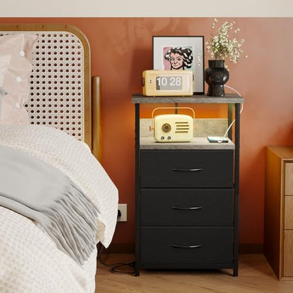 Fixwal Night Stand with Charging Station, LED Nightstand with Fabric Drawers, End Table with PU Finish, Bed Side Table, French Oak - color: French Oak, size: 27.6"H (3 drawers), style: Power+Light (1pc)