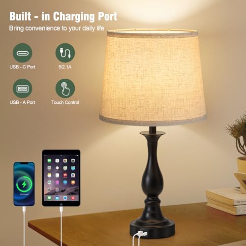 Bedside Table Lamp Touch Control Bedroom Lamps with USB A + C Charging Port 3 Way Dimmable Touch Lamps for Nightstand Living Room Bedroom Dorm Home Office Reading, Set of 2 (Beige Shade & Black Base) - color: Beige Shade & Black Base