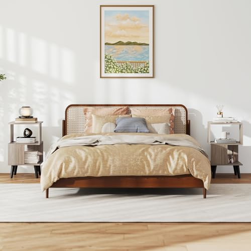 GOFLAME 3-Tier End Table Set of 2, Wood Sofa Side Table with Open Storage Shelves, Plastic Legs, Geometric Bedside Table, Modern Nightstand for Living Room, Bedroom, Small Spaces, Gray