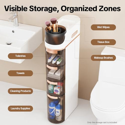 4-Tier Narrow Slim Storage Cart, Bathroom Storage Organizer with Clear Drawers, Plastic Waterproof Storage Cabinet with 4 Wheels for Kitchen, Laundry, Living Room, Toilet Gap