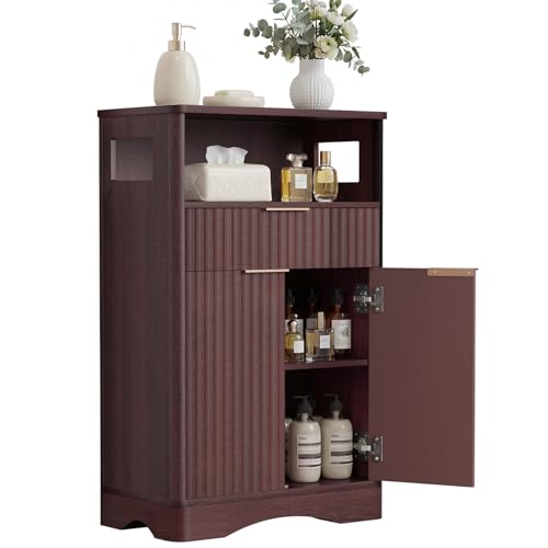 Bathroom Storage Cabinet, Freestanding Floor Storage Organizer with 2-Doors, 1-Drawer and Adjustable Shelf, Small Storage Unit for Bathroom, 23.6" W x 12.2" D x 38.9" H (Walnut) - color: Walnut