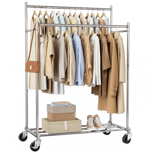 HYSEYY Clothes Rack,Double Rods Rolling Clothing Rack for Hanging Clothes load 400LBS,Portable Garment Coat Rack with Wheels Wardrobe Closet for Bedroom Laundry Room,Retail Store,Silver - color: Silver