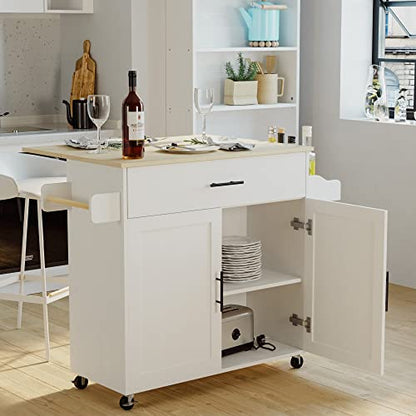 IRONCK Kitchen Island with Wheels and Drawers for Kitchen and Dining Room | Open Shelves, Storage, Daily home use - color: White