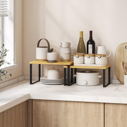 Kitchen Cabinet Organizer Shelf Set of 4, Sturdy Kitchen Counter Shelves with Metal Legs, Stackable Expandable Wood Spice Rack Pantry Cupboard Dish Mug Cup Storage Organizer Shelf,Black+Bamboo - color: Black+Bamboo