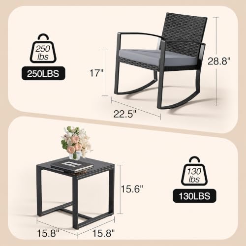 Qsun 3 Pieces Patio Furniture Set Rocking Bistro Set Outdoor Rattan Conversation with Coffee Table for Garden Balcony Backyard Poolside (Grey Cushion) - color: Grey