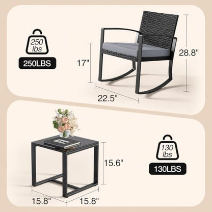 Qsun 3 Pieces Patio Furniture Set Rocking Bistro Set Outdoor Rattan Conversation with Coffee Table for Garden Balcony Backyard Poolside (Grey Cushion) - color: Grey