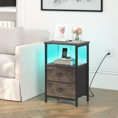 sthmec Nightstand with Charging Station, LED Night Stand Set of 2, Bedside Table End Table with Drawer, Bedroom Tables with 2 Fabric Drawers, 3-Tier Storage Side Table for Bedroom, Black Oak - color: Black Oak