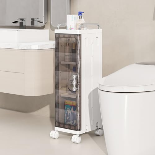 KHNR Slim Bathroom Storage Cabinet with Wheels, Foldable Design with 2 Shelves, Narrow Rolling Organizer with Door for Small Spaces,Bathroom,Kitchen,Laundry,Clear Gray - color: Clear Gray, size: 3-Tiers