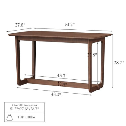Solid Wood Writing Desk, 51.2 Inch Rubberwood Study Desk, Gaming Computer Table, Modern Home Office Desks with Round Edges, Simple Work Station for Living Room, Light Brown