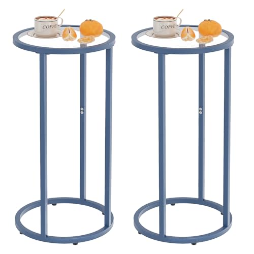 C Table Side End Table,Glass Couch Table Set of 2, Round Sofa End Table with Metal Frame, Small Snack Table for Living Room, Bedroom, Small Spaces, Easy Assembly (Blue,2pcs) - color: Blue