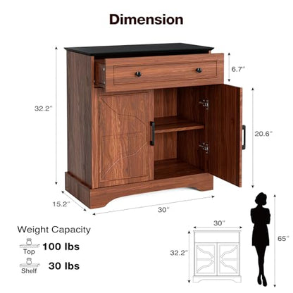 LCRBOL Sideboard with Drawer & Doors, Mid-Century, Matte Black Top & Walnut | 30"W x 15.2"D x 32.2"H, 100 lbs top / 30 lbs shelf, 1 drawer & 2-door cabinet, adjustable shelf, soft-close hinges - color: Walnut