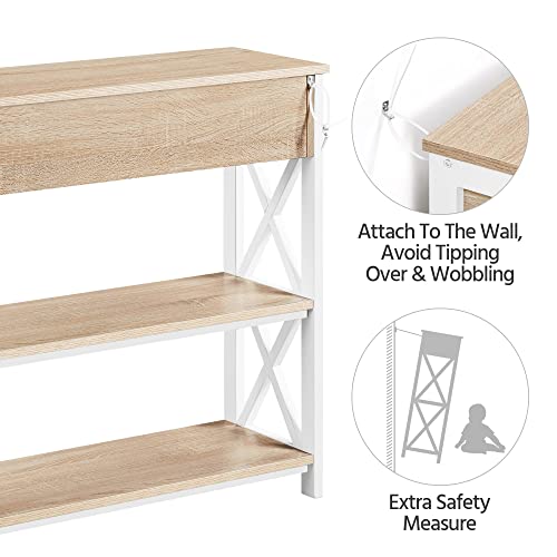 Topeakmart Sofa Console Table with 1 Drawer and 2 Open Storage, 3-Tier Hallway Table with Drawer for Living Room, Retro Console Table for Entryway, Light Oak - color: Light Oak, style: without Power Outlet