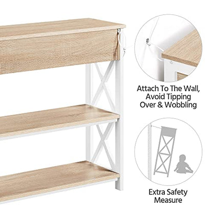 Topeakmart Sofa Console Table with 1 Drawer and 2 Open Storage, 3-Tier Hallway Table with Drawer for Living Room, Retro Console Table for Entryway, Light Oak - color: Light Oak, style: without Power Outlet