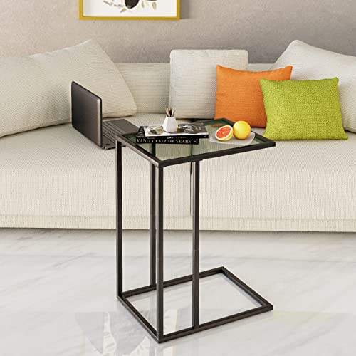 C Shaped End Table Set of 2, Sofa Couch Side Table, Tempered Glass Snack TV Tray Table with Metal Frame for Small Space,Living Room, Bedroom, Bedside,Modern Style, Black,2PCS - color: Black - Clear Glass, size: 2 PCS