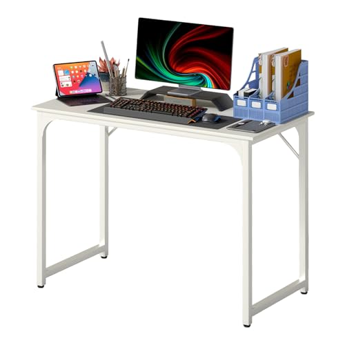 Dkelincs 40 Inch Small Computer Desk Home Office Desk Writing Desk Modern Simple Style Study Work Table with Metal Frame, Easy Assembly, Adjustable Feet, Water-Resistant, Scratchproof Surface, White - color: White, size: 40 Inch
