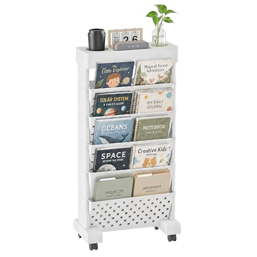6-Tier Rolling Book Cart, White, for Study Room & Office | PP Plastic Material, Mobile Bookshelf, File, Magazine Storage, Lockable Wheels, for Classroom, Easy Assembly - color: White, size: 6-Tier