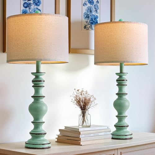 BOBOMOMO 27" Distressed Teal Table Lamps Set of 2, Large Coastal Farmhouse Resin Lamps with Linen Shades, Blue Green Lamps for Living Room, Bedroom, or Console Table Home Décor - color: Distressed Teal, size: Large-27"