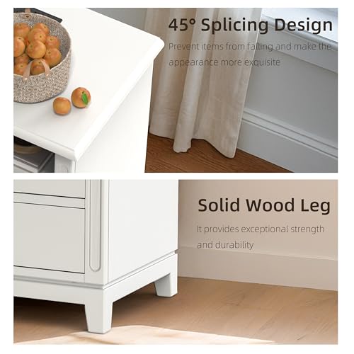 24" Wide Farmhouse Nightstand with Charging Station, Solid Wood End Table with 2 Large Drawers & Open Shelf, Bedside Table with USB Ports and Outlets, Side End Table for Bedroom - color: White