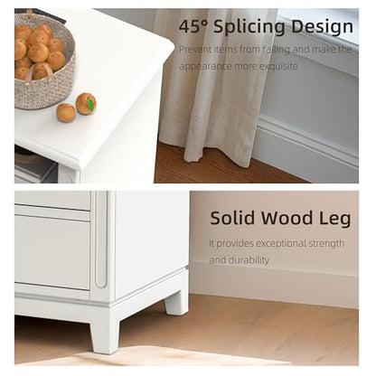 24" Wide Farmhouse Nightstand with Charging Station, Solid Wood End Table with 2 Large Drawers & Open Shelf, Bedside Table with USB Ports and Outlets, Side End Table for Bedroom - color: White
