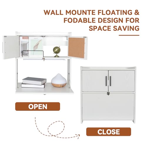 ARTETHYS Wall Mounted Desk Folding with Light Drop Down Hanging Desk | Multifunctional Fold Down Laptop Computer Table, Writing Workstation with Storage Compartments, Space Saving for Home Office - color: White With Light