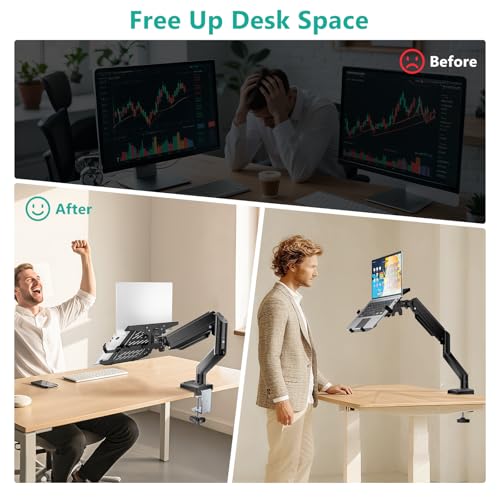 WALI Single Arm Laptop and Monitor Desk Mount for 17" Notebook and Up to 32" Screen, 2-in-1 Adjustable Gas Spring Monitor Arm with Laptop Tray, VESA 75x75 100x100,Holds 22-26.4 lbs, Black (GSMP001NLP) - size: Single, style: Fully Adjustable Desk Mount